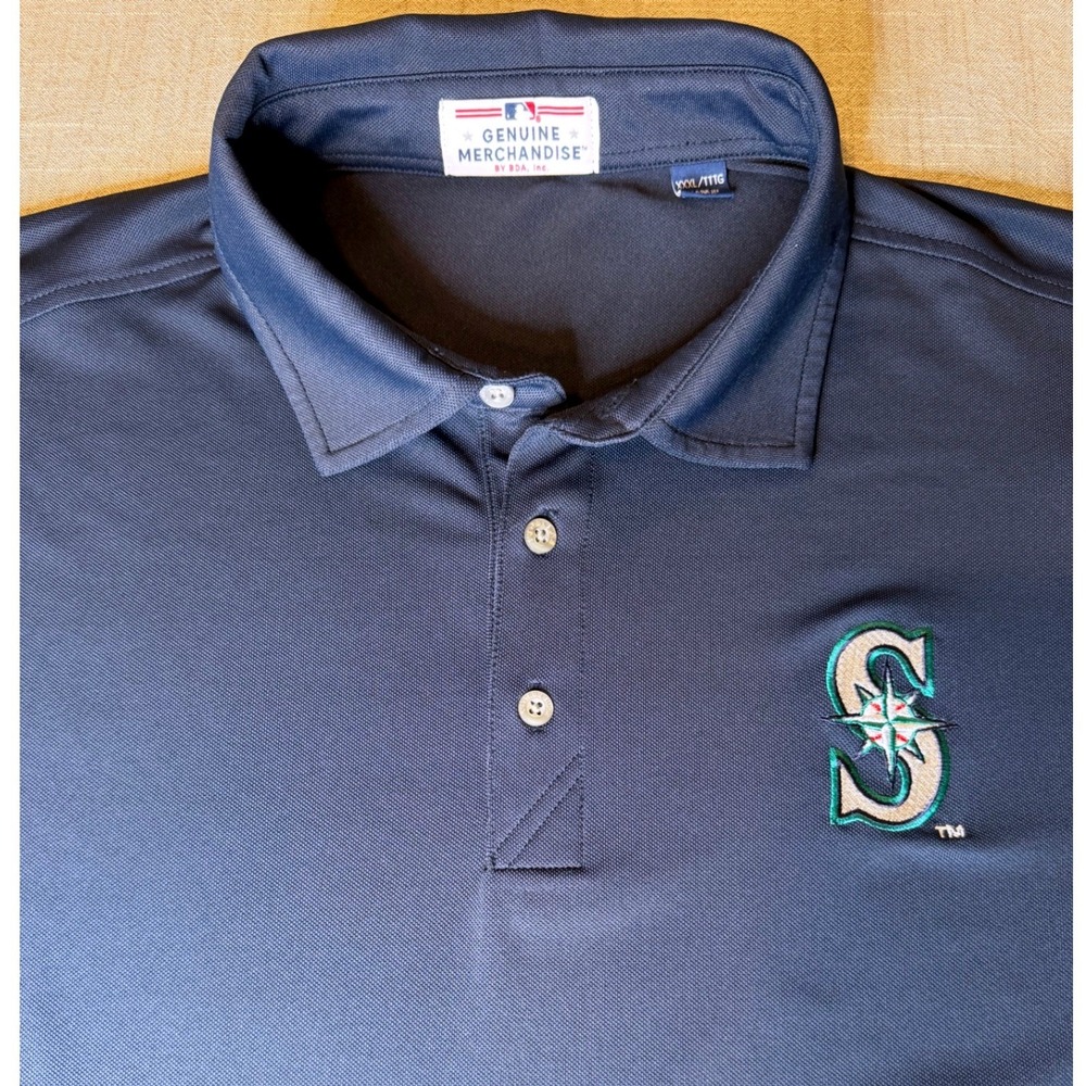 MLB Seattle Mariners Mens Polo Shirt Navy Blue Corona Sleeve Logo XXXL Genuine